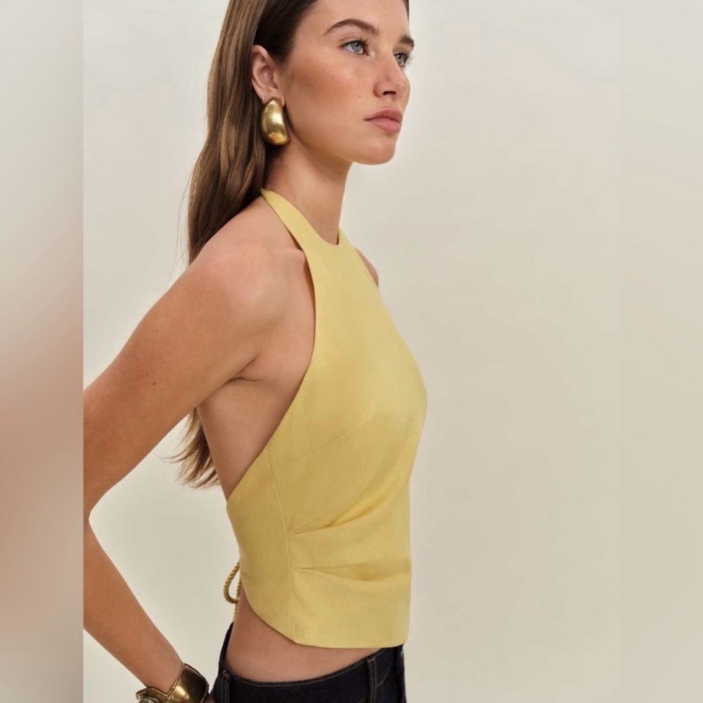 Reformation Linen Halter Tank Top in Pale Yellow